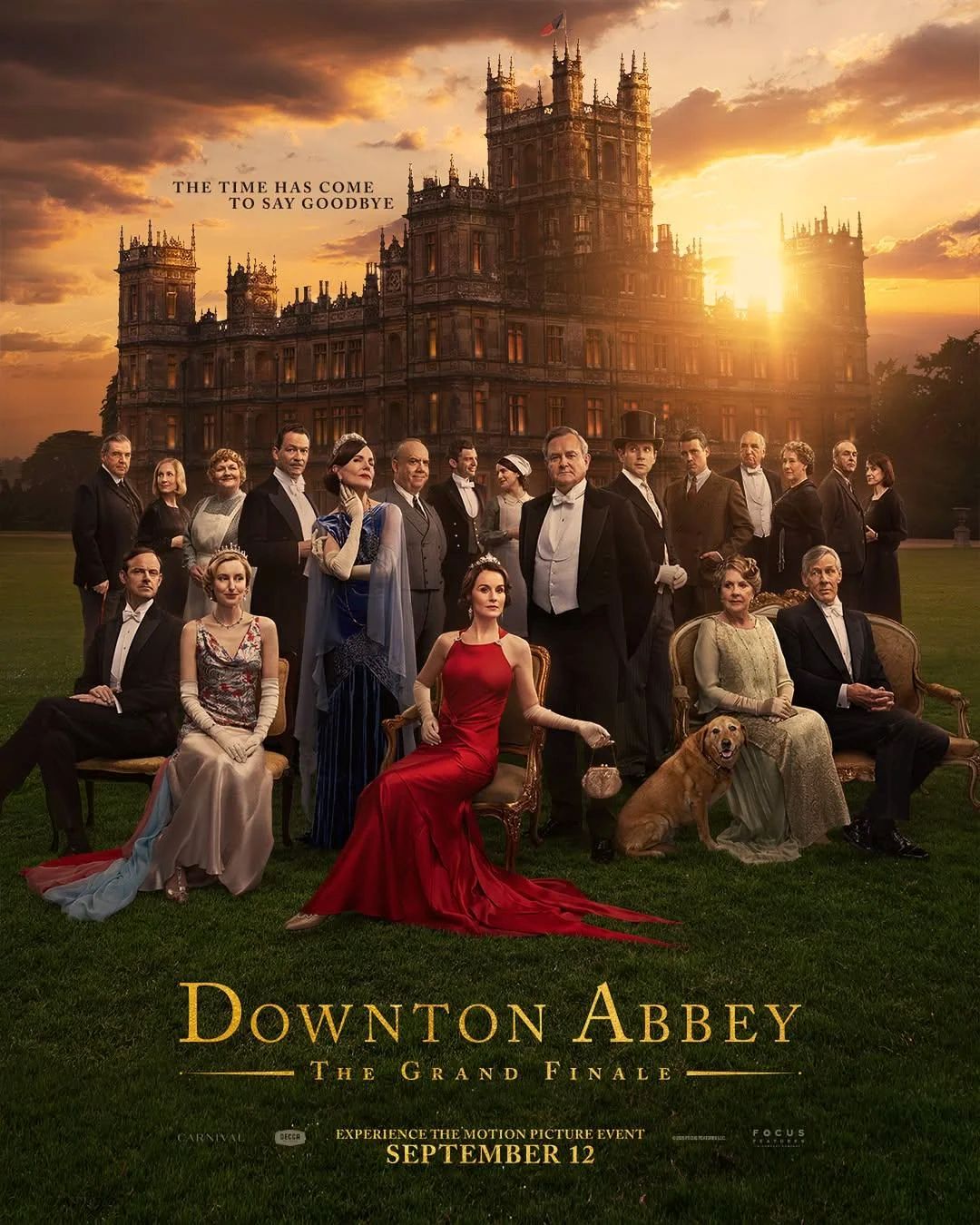 cast of downton abbey in evening dress outside the house