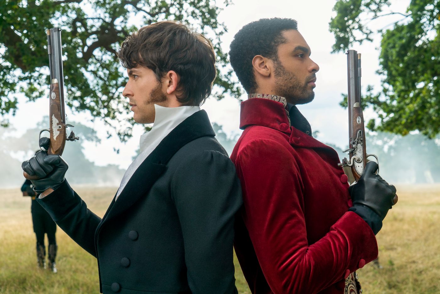 Anthony Bridgerton and Simon Basset prepare to duel with pistols in Bridgerton Season 1 Episode 4