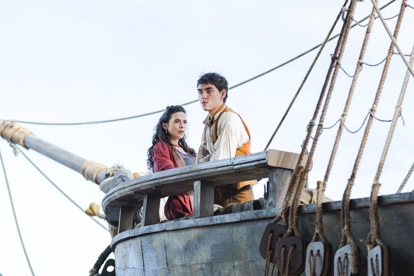 Hayley Atwell as Bess Hawkins and Tom Sweet as Jim Hawkins aboard the Hispaniola in Treasure Island