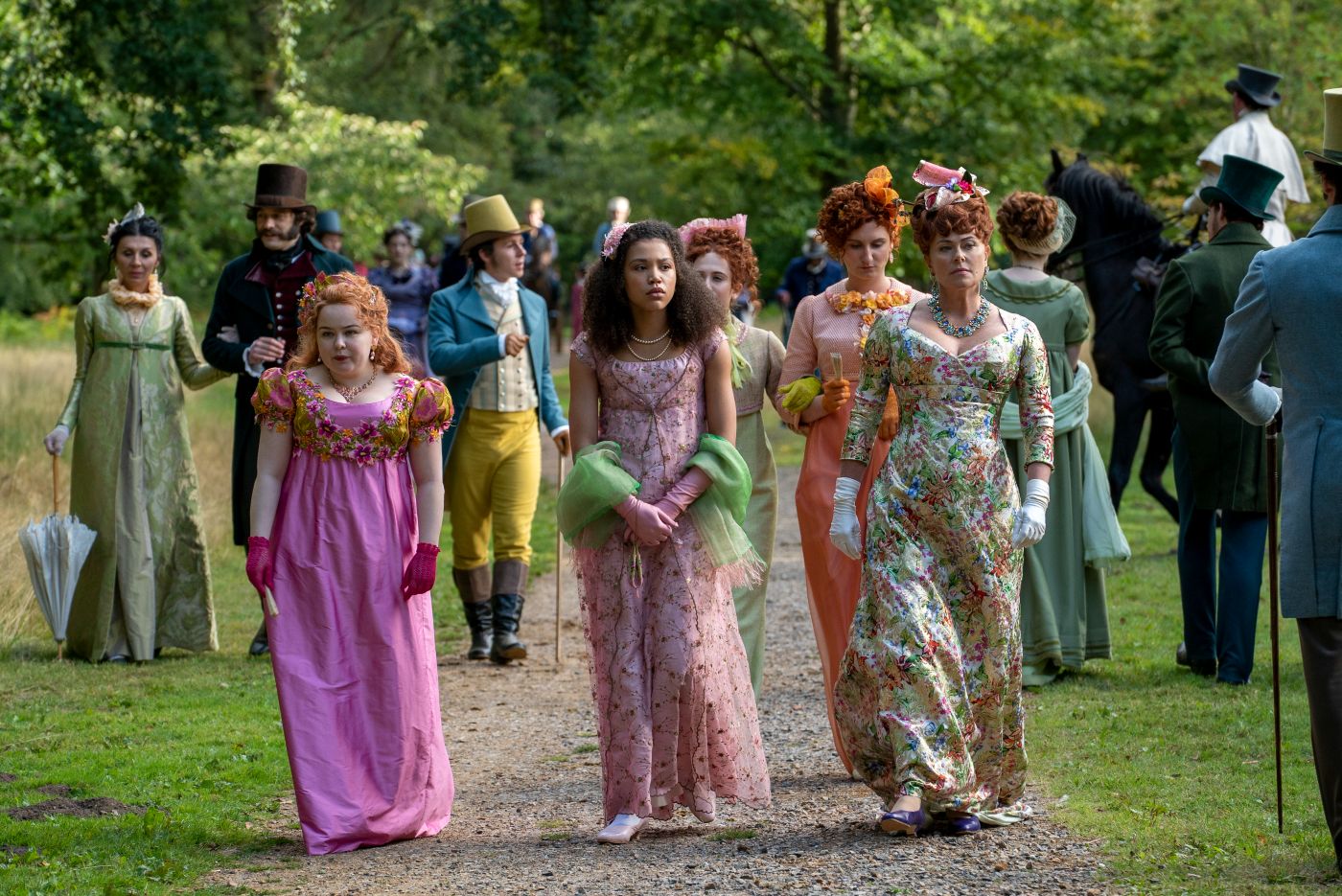 Penelope Featherington and Marina Thompson with Lady Featherington in Bridgerton Season 1 Episode 5