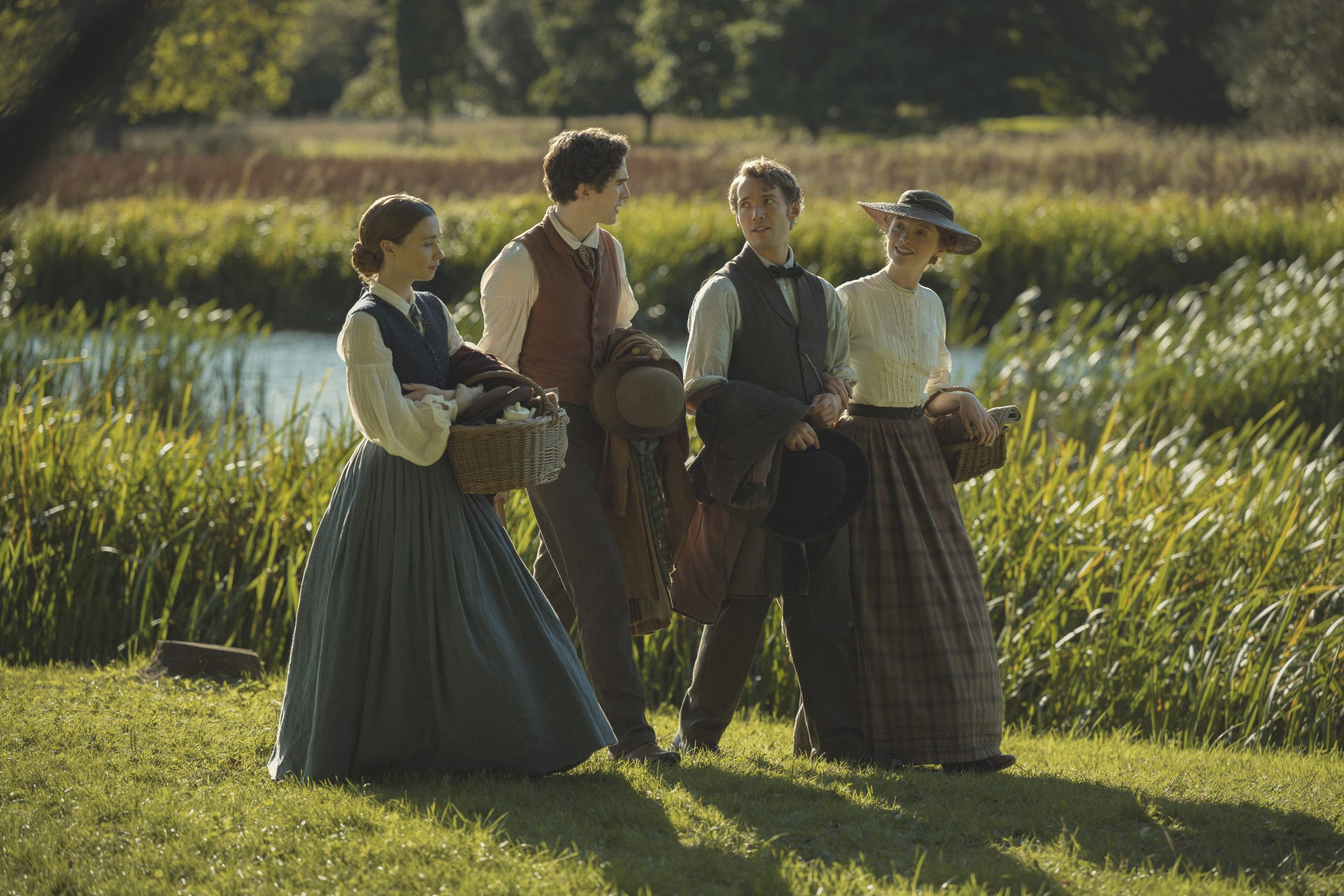 Jessica Barden, Harry Gilby, Toby Regbo and Poppy Gilbert in Victorian costume in The Cadburys.